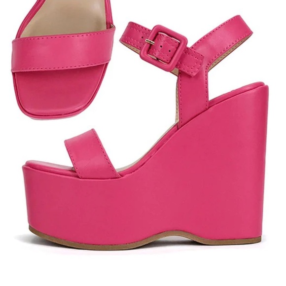 Square Toe Ankle strap Fuchsia chunky wedge platform Sandal - Picture 4 of 8